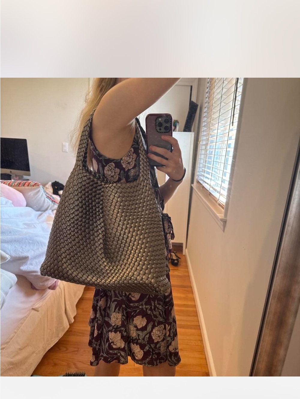 Woven Hobo Shoulder Bag in Metallic Taupe